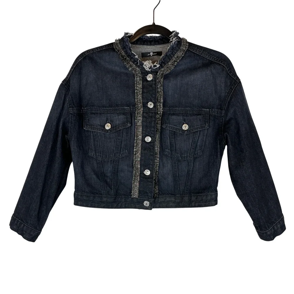 7‎ For All Mankind Cropped Trucker Jacket Black Fringe Denim AU4192091 WOBK S